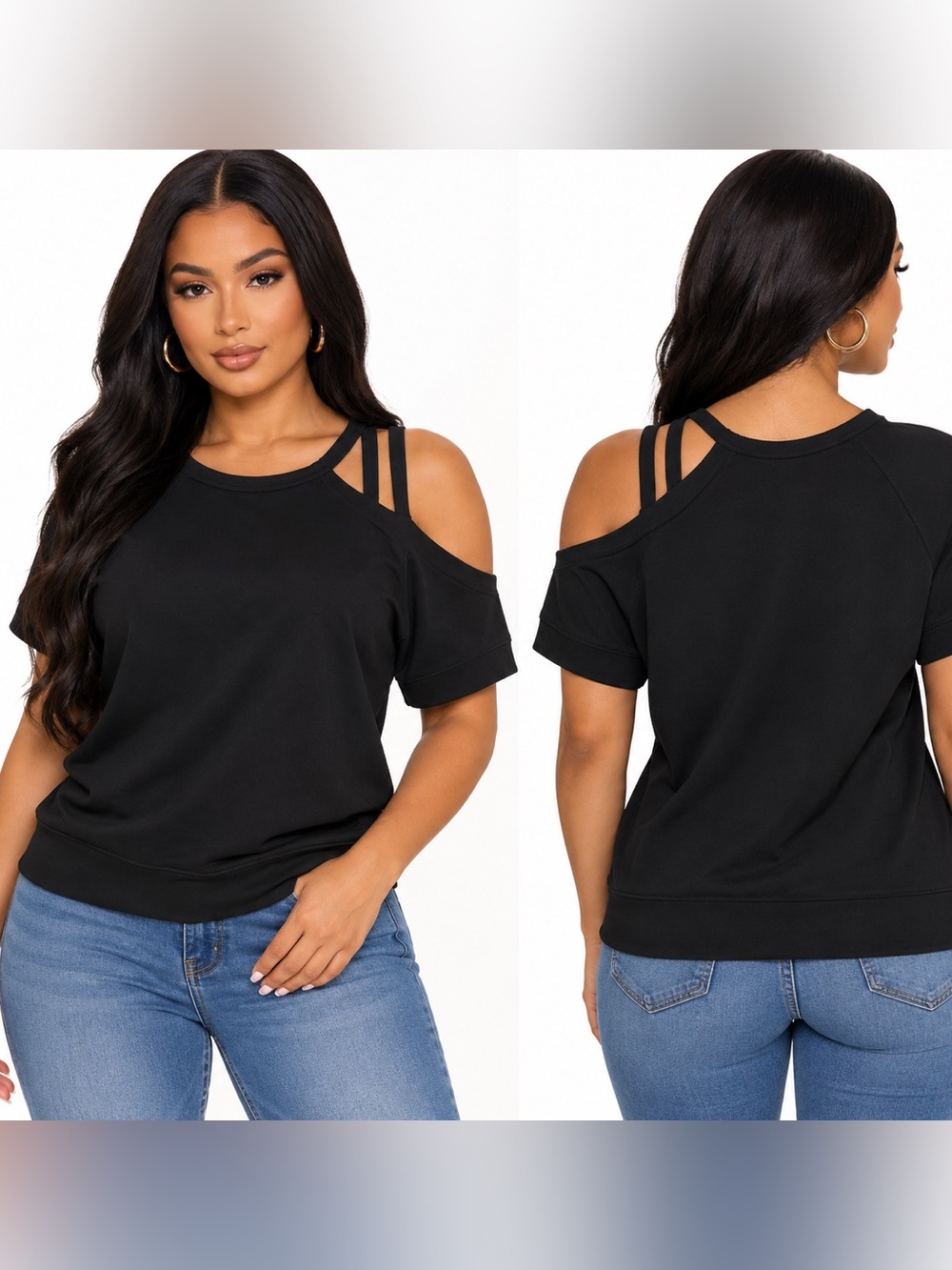 Fashion Nova Black Cold-Shoulder Strappy Sweatshirt